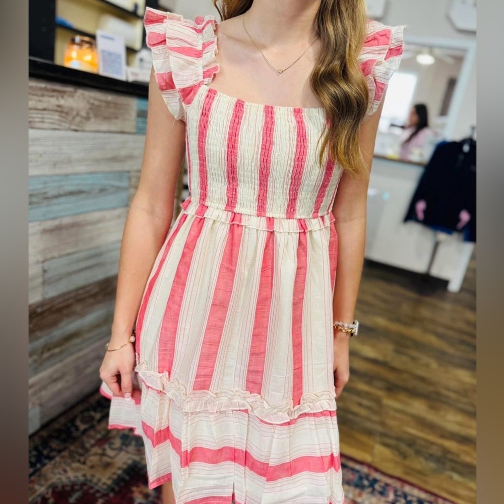 NEW!! Flutter sleeve peach and cream Striped Ruffle smocked sundress